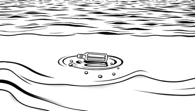 Zwart-wit kleurplaat van een fles die drijft in golvend water.