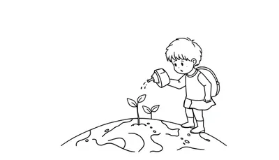 Kleurplaat van een kind met rugzak dat water geeft aan twee plantjes op een wereldbol.