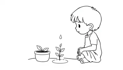 Kleurplaat van een kind dat naar een plantje kijkt en een druppeltje water dat erop valt.