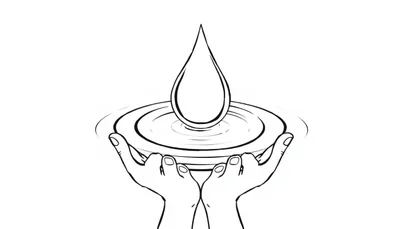 Kleurplaat van twee handen die een kom met een vallende waterdruppel en rimpelingen vasthouden.