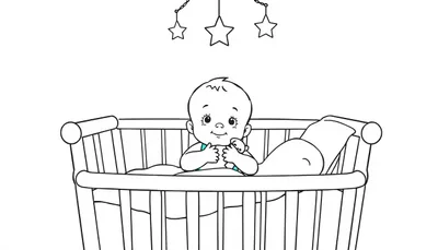Kleurplaat van een blije baby in een kinderbedje met een mobiel met sterretjes erboven.