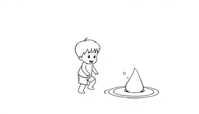 Een kleurplaat van een lachend kind dat naar een grote opspattende waterdruppel kijkt.