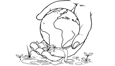 Kleurplaat van een hand die de aarde vasthoudt en water druppelt naar de grond met plantjes.