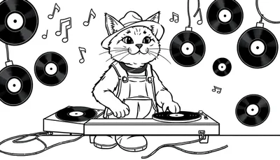 Kleurplaat van een kat als DJ met een hoed, tuinbroek en klompen bij een discofeest.