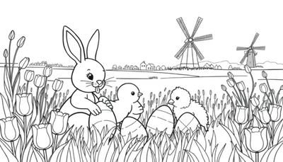 Kleurplaat met een paashaas, kuikentje en lammetje bij tulpen, molens, en de toren van Nieuwkoop.