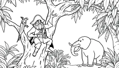 Kleurplaat van een piraat met een papegaai in de jungle, samen met een vrolijke olifant tussen de bomen.
