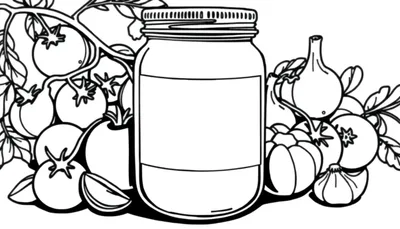 Kleurplaat van een glazen pot met een leeg label omringd door tomaten, knoflook en basilicum.