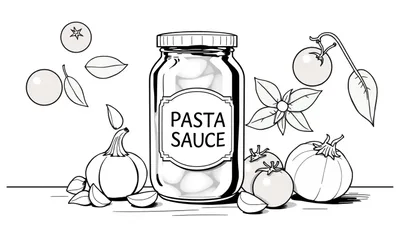 Kleurplaat van een pot pastasaus met ingrediënten zoals tomaten, basilicum, uien en knoflook eromheen.