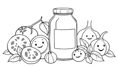 Kleurplaat van een pot tomatensaus met lachende stukjes tomaat, ui, knoflook en basilicum eromheen.