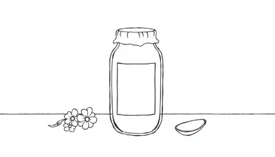 Lijntekening van een glazen pot, bloemen en een halve citroen.