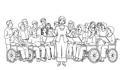 Kleurplaat van een koor met verschillende mensen, inclusief een dirigente en koorleden in rolstoelen, die samen vrolijk zingen.