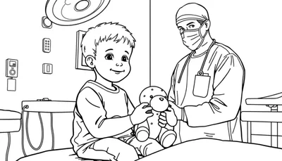 Kleurplaat van een jongen in een ziekenhuis, met zijn knuffel, naast een zorgverlener met mondkapje en medische spullen.