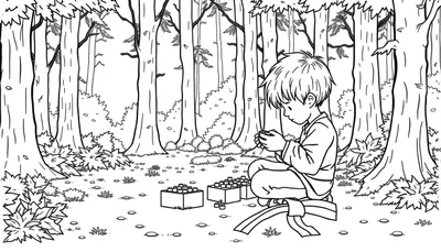 Kleurplaat van een kind in een bos, zittend op de grond, met LEGO-achtige blokken, bomen en gras eromheen.