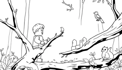 Kleurplaat van een LEGO-achtig figuurtje dat een boomtak vasthoudt, terwijl een vogel op een andere tak zit. Op de achtergrond staan bomen, bladeren en eenvoudige huisjes.
