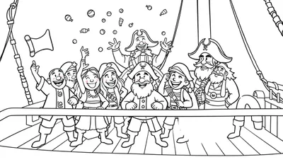 Kleurplaat van piraten die snoep gooien op een feestelijk piratenschip.