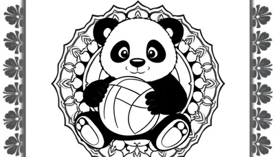 Schattige kleurplaat van een panda met een bal in het midden van een mandala-achtergrond.