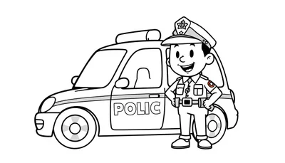 Kleurplaat van een politieagent in uniform naast een politieauto.