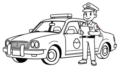 Een kleurplaat van een vriendelijke politieagent naast een politieauto.