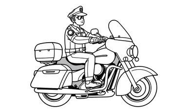 Kleurplaat van een politieagent op een motorfiets, met een uniform, pet en zonnebril.