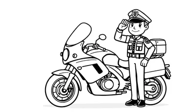 Kleurplaat van een politieagent die naast een politiemotor staat en saluteert.
