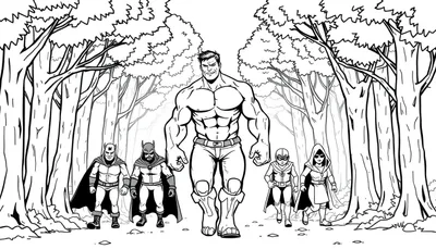 Zwart-wittekening van vijf stripsuperheldachtige figuren die door een bos lopen.