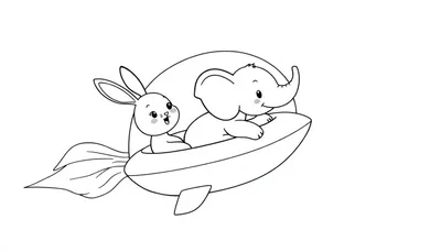 Een kleurplaat van een konijn en een olifant in een fantasievoertuig dat lijkt op een combinatie van een vliegtuig en een vis.