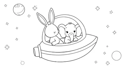 Een kleurplaat van een konijntje en een olifantje in een ruimteschip, omringd door sterren en planeten.