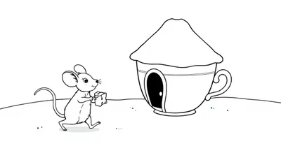 Kleurplaat van een schattig muisje met kaas dat naar een huisje in de vorm van een kopje loopt.