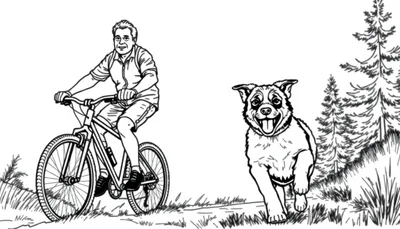 Kleurplaat van een sportieve man op een fiets met een vrolijke hond die naast hem rent in een natuurlijke omgeving.