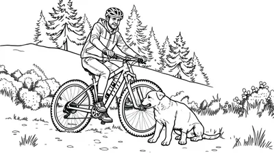 Kleurplaat van een man op een fiets met een hond in een bosrijke omgeving.