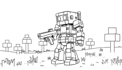 Kleurplaat van een robot met futuristisch wapen in een blokkerig landschap, zoals in Minecraft-stijl.