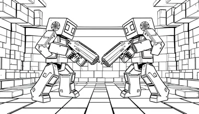 Kleurplaat van twee futuristische robots met grote wapens in een geometrische omgeving.