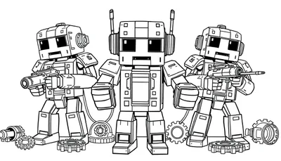 Drie robotfiguren in een zwart-witte kleurplaat met blokkerige Minecraft-stijl en technische details zoals antennes en tandwielen op de grond.