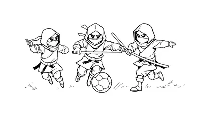 Ninja's spelen voetbal in een cartoonachtige zwart-wit kleurplaat met actie en humor.