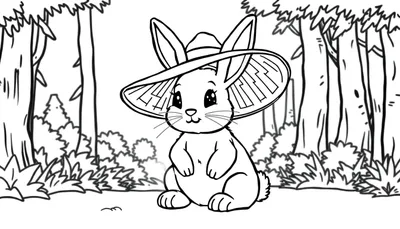 Kleurplaat van een schattig konijntje met een grote strohoed in het bos.