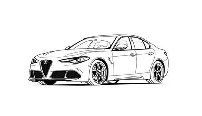 Een gedetailleerde lijntekening van een moderne sportieve sedan, perfect als kleurplaat.