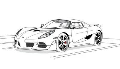 Lijntekening van een Keuningsegg sportwagen als kleurplaat met modern design en aerodynamische vormen.