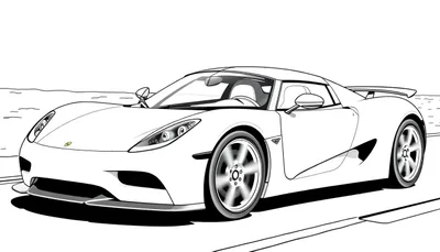 Zwart-wit kleurplaat van een sportwagen met een aerodynamisch ontwerp en opvallende spoiler.