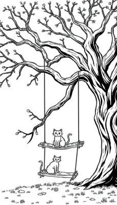 Een kleurplaat van een grote boom met een schommel waar twee katten zitten, omringd door gras en bloemen.