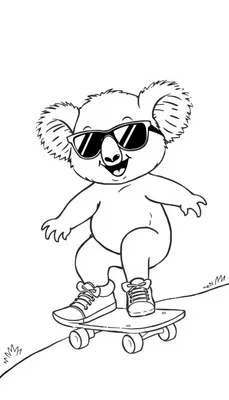 Kleurplaat van een koala met een zonnebril, sportschoenen en een skateboard