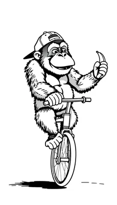 Kleurplaat van een grappige aap op een eenwieler met achterstevoren pet en een banaan in zijn hand.