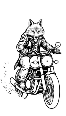 Kleurplaat van een stoere wolf op een motorfiets.