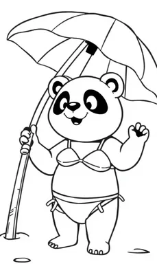 Vrolijke panda in bikini met parasol, ideaal als kleurplaat.
