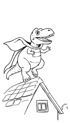Kleurplaat van een schattige dinosaurus met een cape die op een dak staat.