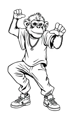 Kleurplaat van een coole aap die breakdancet in een t-shirt, losse broek, sneakers en een ketting.