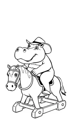 Kleurplaat van een vrolijk nijlpaard met cowboyhoed op een houten schommelpaard.