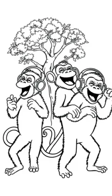 Drie vrolijke aapjes met koptelefoons die dansen bij een boom. Een leuke kleurplaat voor kinderen.