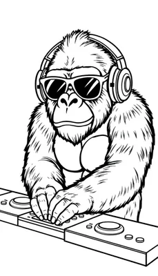 Lachende gorilla met koptelefoon en zonnebril die DJ speelt op een draaitafel, zwart-wit kleurplaat.