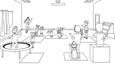 Kleurplaat van kinderen die sporten in een gymzaal met een trampoline, matten en een leraar die begeleidt.