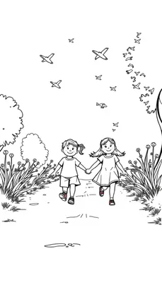 Kleurplaat van twee lachende kinderen die hand in hand wandelen op een pad met bloemen en gras, terwijl vogels en vliegtuigen in de lucht vliegen.